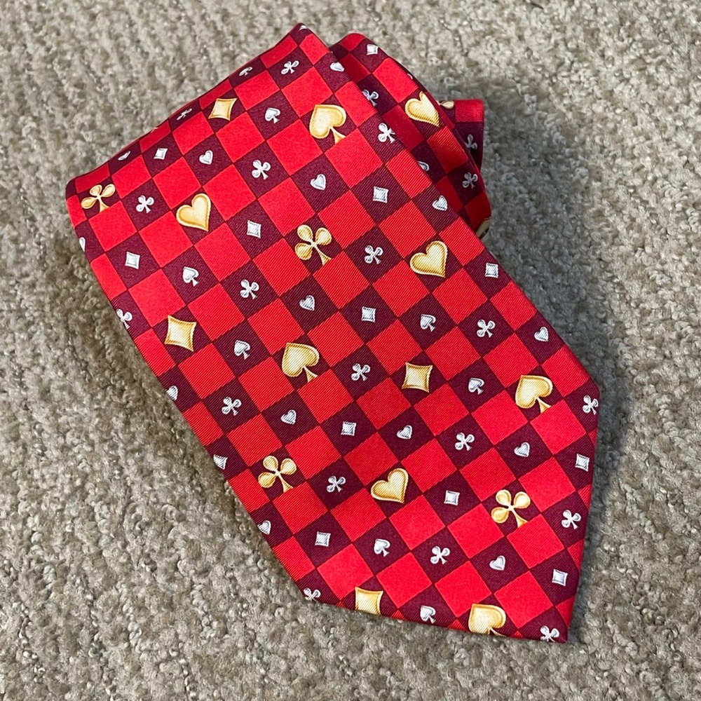 Lanvin Silk Tie Mens Red Playing Card Suits Checkered Casino Poker Formal Luxury